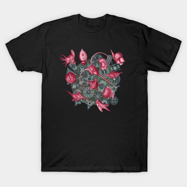 Ernst Haeckel Red Peridinea on Cerulean  Diatoms T-Shirt by Scientistudio